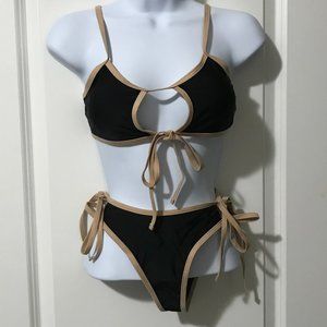 Shein Bikini Swimsuit Black/Brown Trim Cutout Side And Front Ties Small New